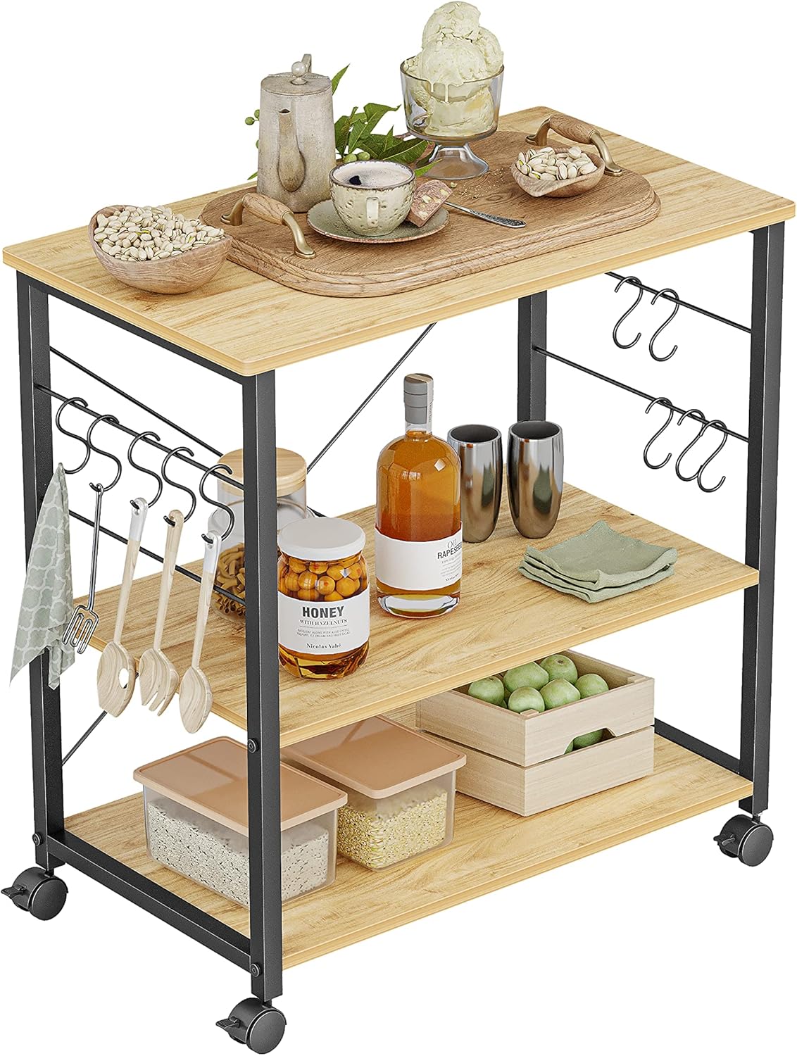 Black 3 Tier Metal Kitchen Cart with Wheels L128