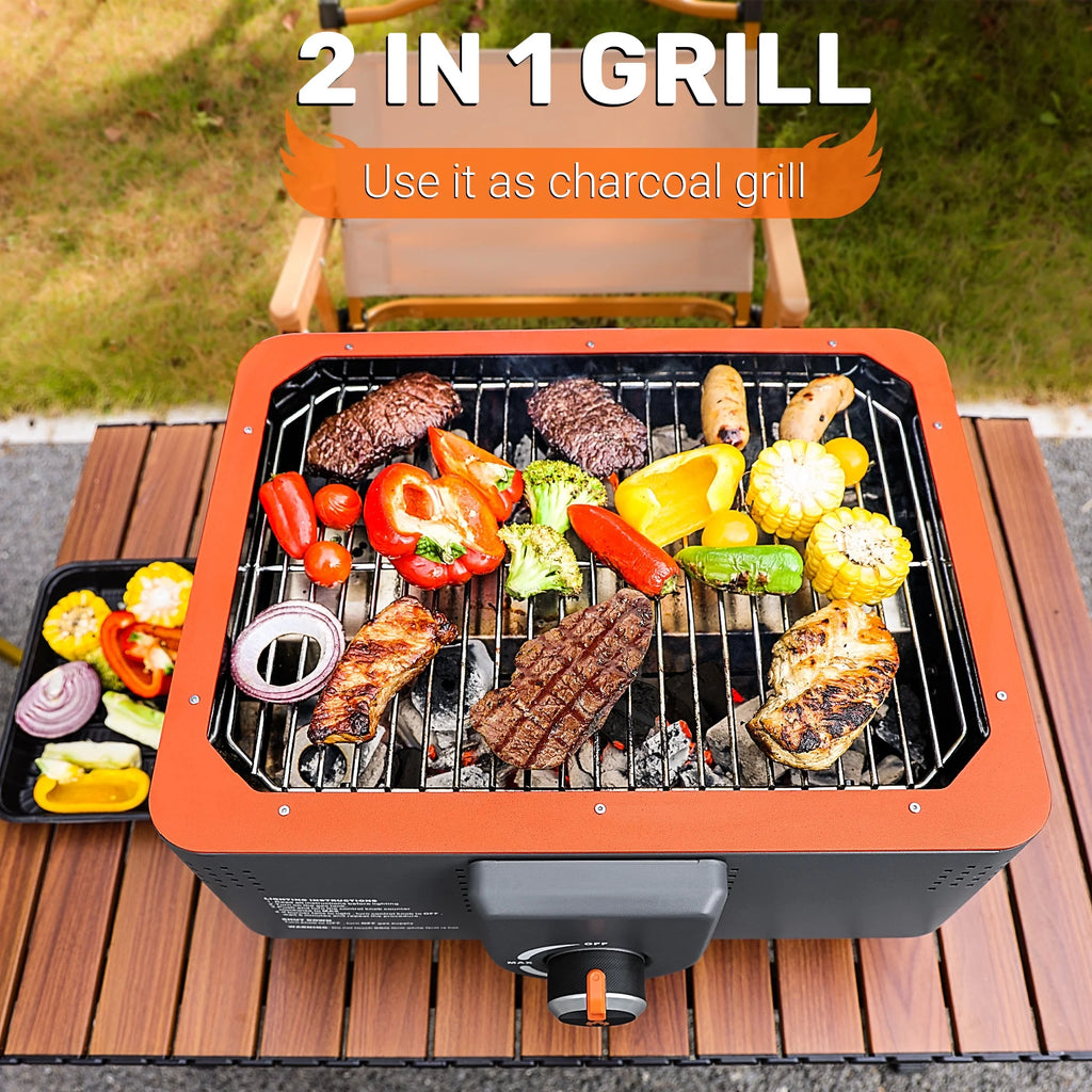 Portable Propane Grill with Gas Regulator & Adaptor, 2 in 1 Charcoal and Gas Grill T888