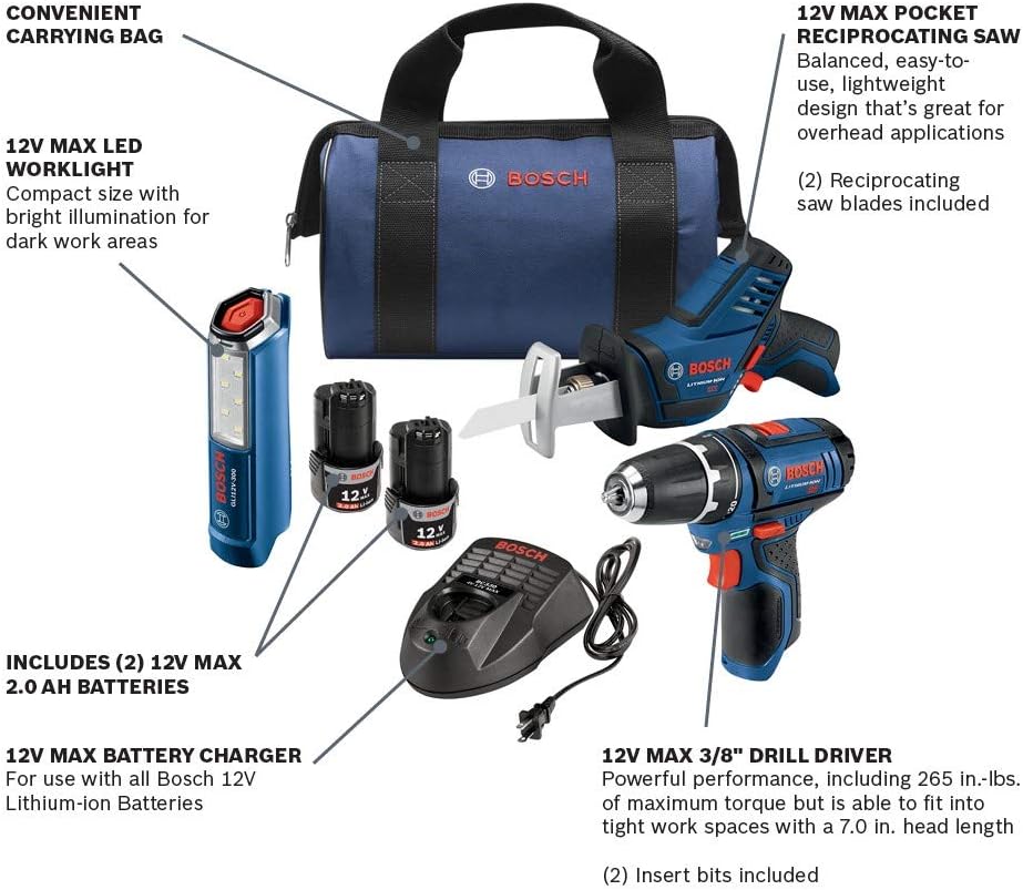 12V Max 3-Tool Combo Kit with Drill/Driver, Reciprocating Saw and LED Worklight U1200