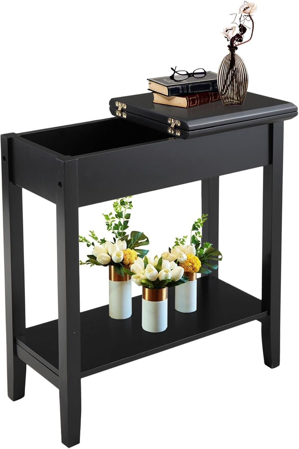 Flip Top End Table Wooden Sofa Side Table with Storage and Shelf O965866