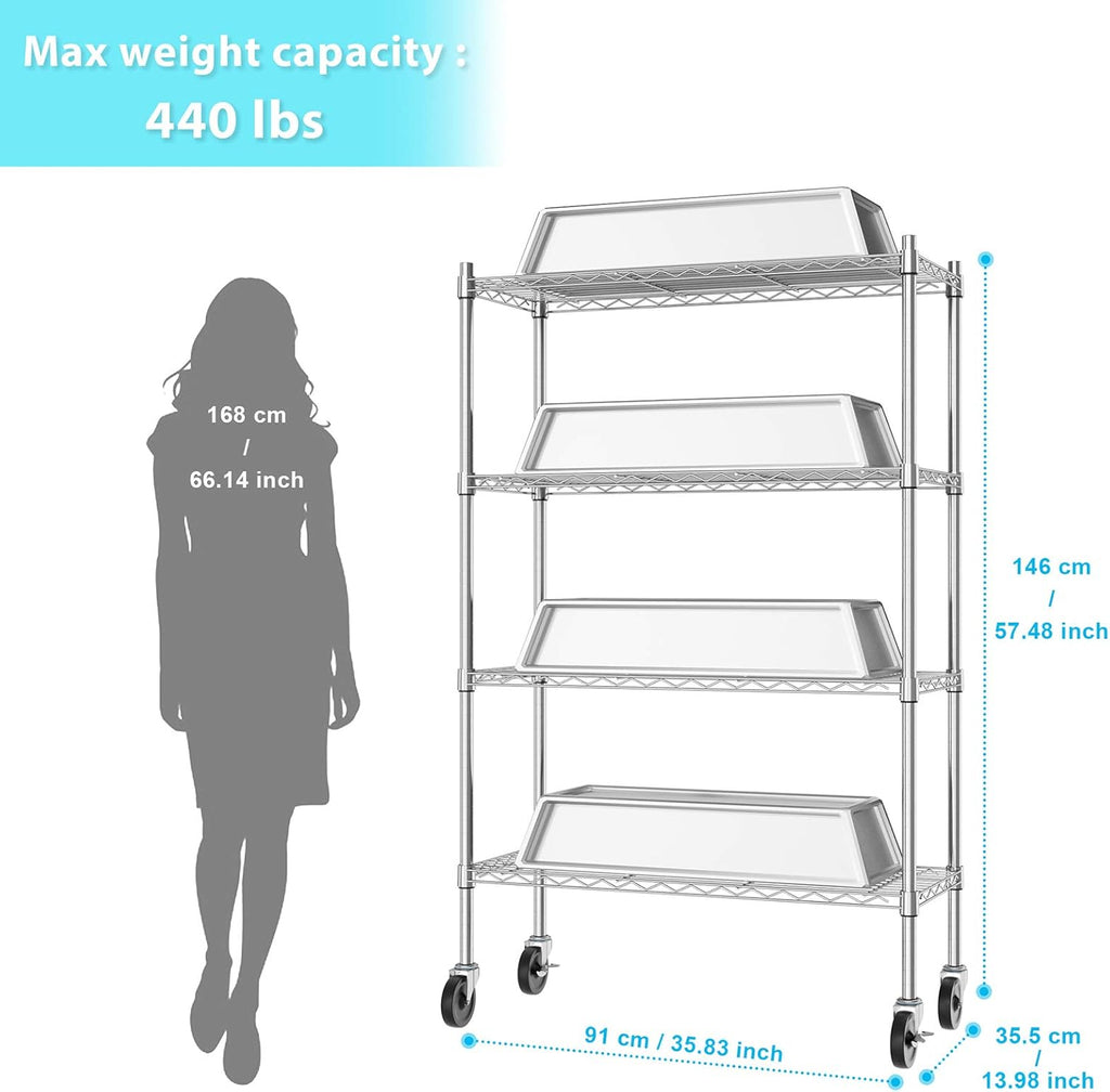 4 Tiers Rolling Cart Utility Racks Adjustable Wire Metal Shelving A445973