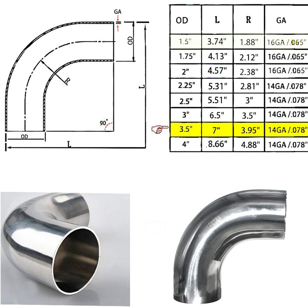 Stainless Steel 3.5" 90 Degree Mandrel Bend Exhaust Elbow, 14GA .078" Wall, 1.5" Leg, Pack of 2 F59205