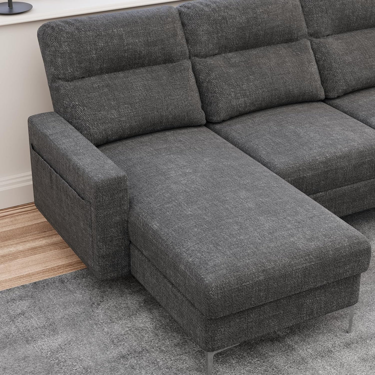 Modular U Shaped Fabric Sectional Sofa with Ottoman, 4 Seater, Metal Legs, Dark Grey M220970