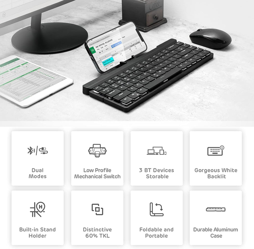 68 Keys 60% Foldable Mechanical Keyboard with Aluminum Body, White Backlit, Low Profile Clicky White Switches, Pack of 2 J4923