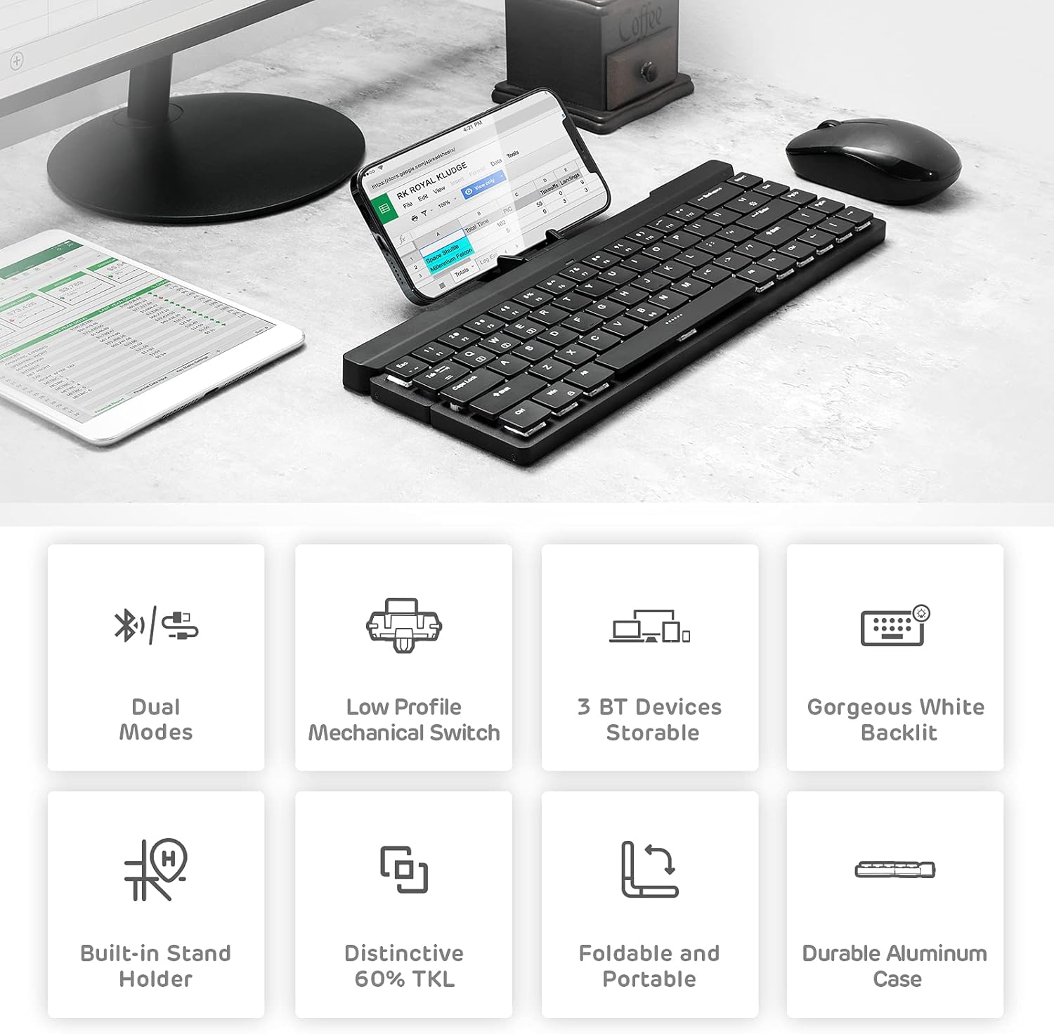 68 Keys 60% Foldable Mechanical Keyboard with Aluminum Body, White Backlit, Low Profile Clicky White Switches, Pack of 2 J4923