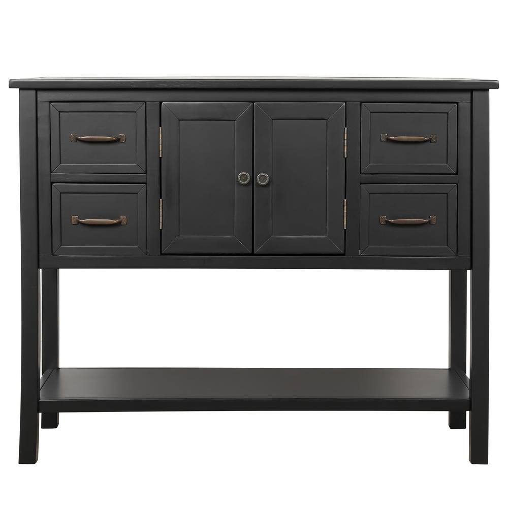 Black Rectangle Solid Wood Console Table with 4-Drawers V2915