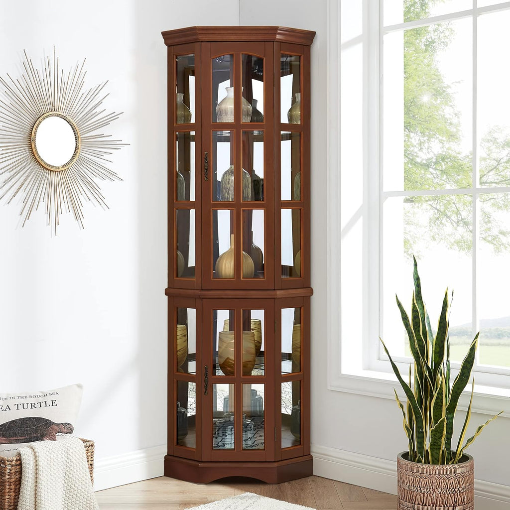 Walnut Corner Curio Cabinet with 5 Shelves and Lighting System Y214510