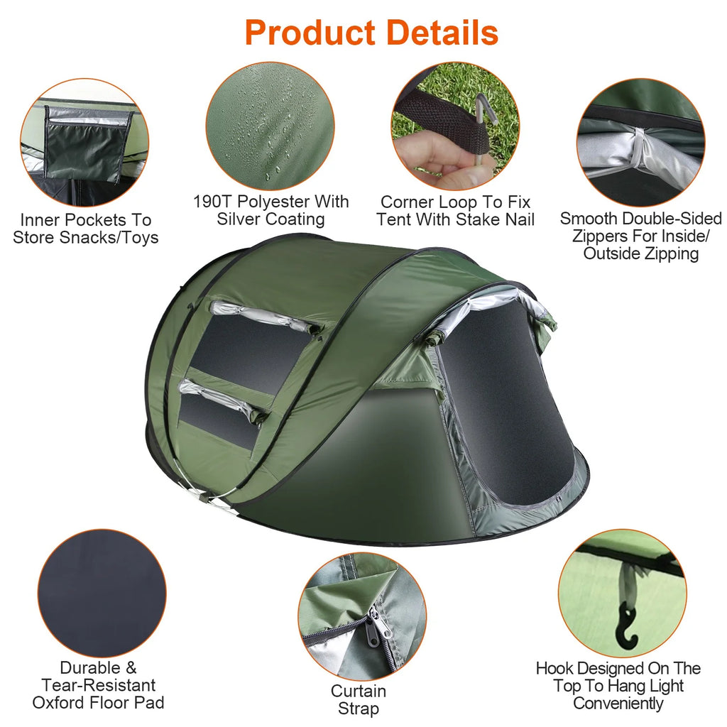 Khaki Pop Up Camping Tent with 4 Mosquito Net Windows Carrying Bag R818501