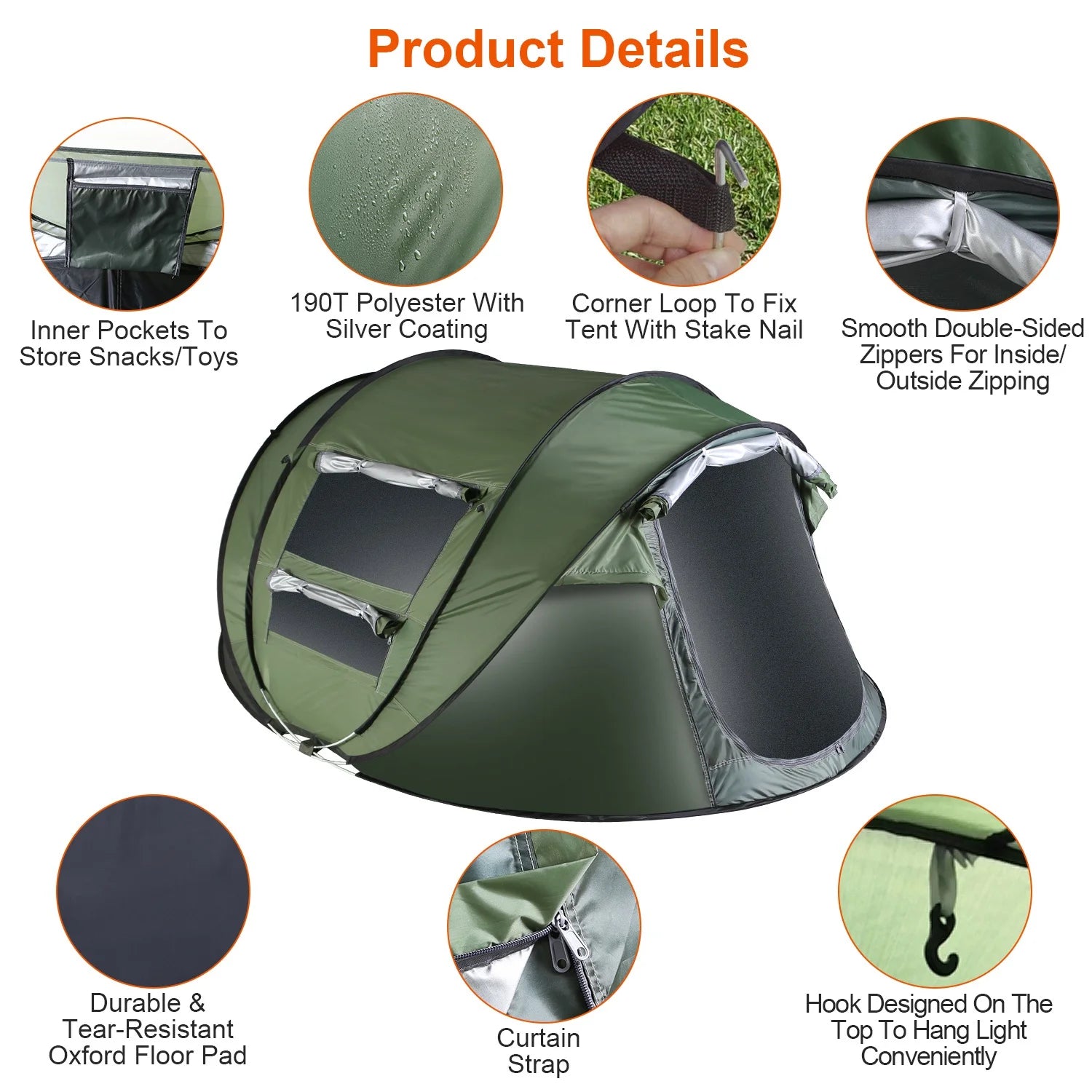 Khaki Pop Up Camping Tent with 4 Mosquito Net Windows Carrying Bag R818501