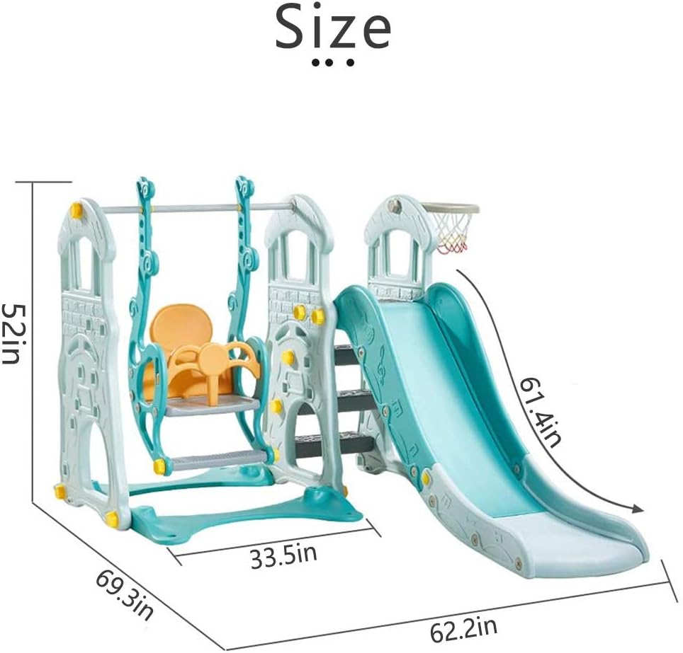 3 in 1 Toddler Slides and Swing Set with Basketball Hoop Kids Climber Playset Blue V2760