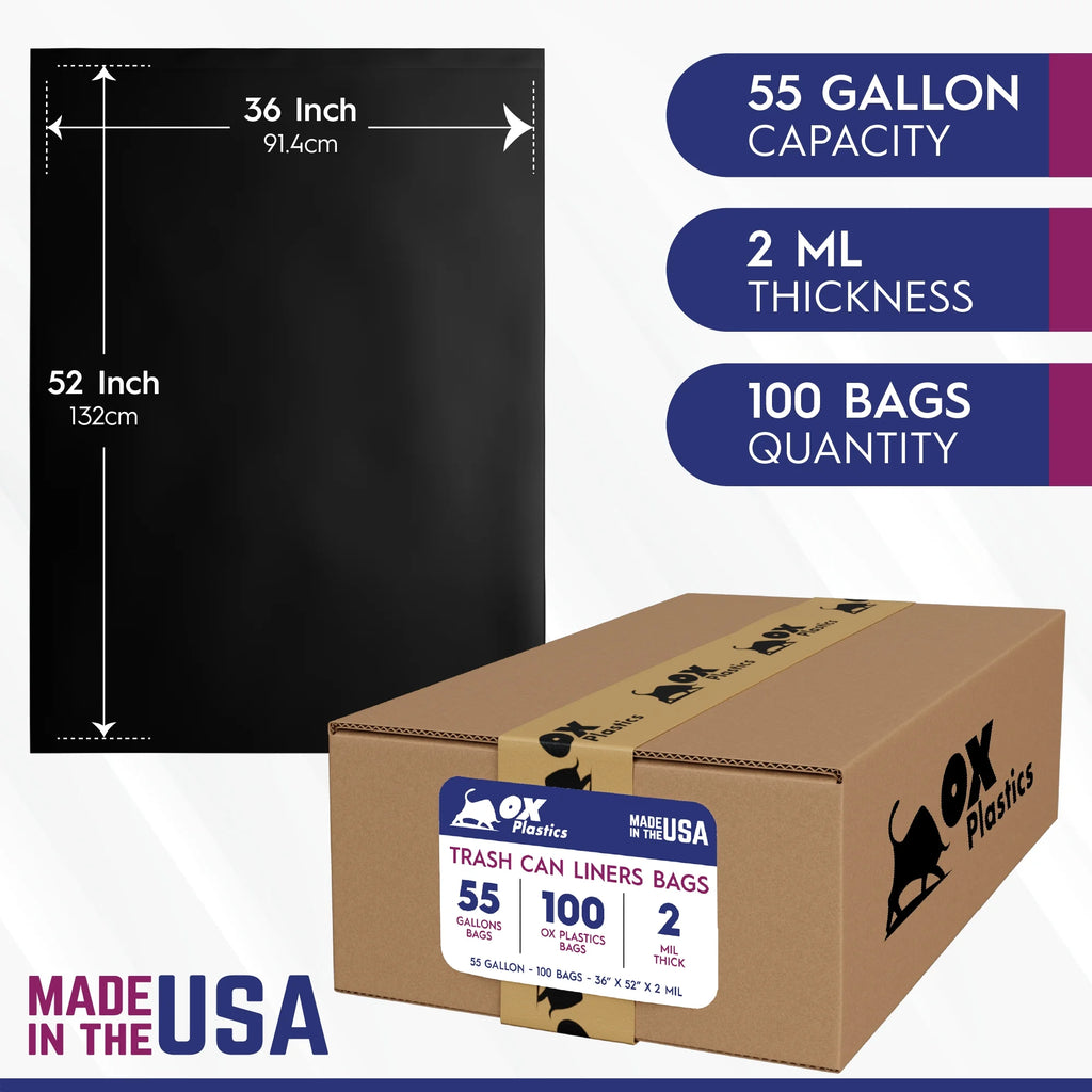 Black 55 Gallon 2 MIL Contractor Heavy Duty Trash Can Liner Bags, 100 Bags W809