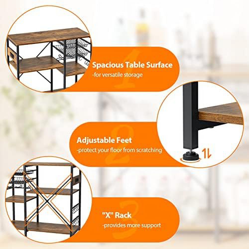 Rustic Brown Metal Frame Bakers Rack with Wire Basket X4412