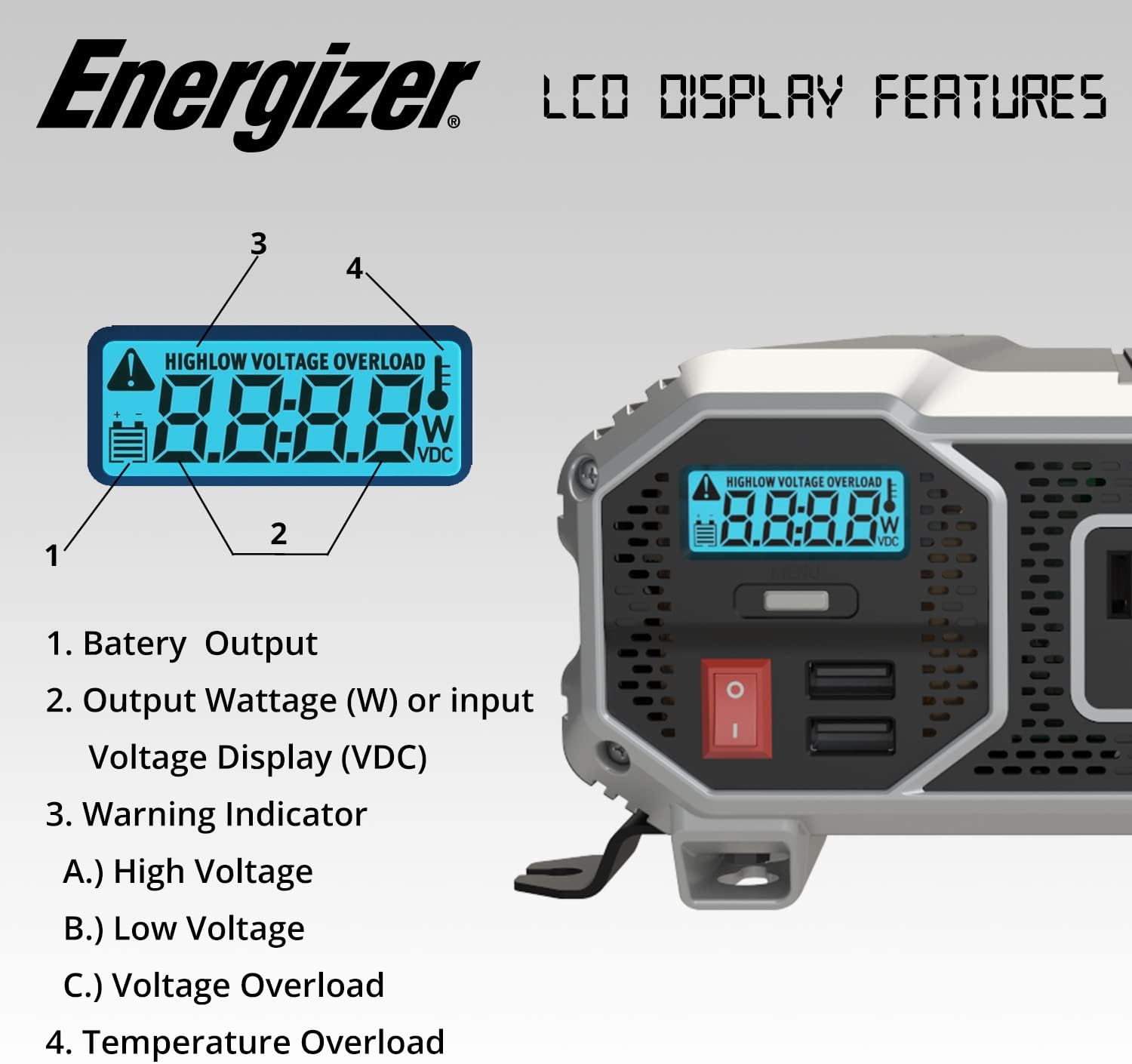 1100 Watts Modified Sine Wave Car Inverter, 12V to 110 Volts, Two AC Outlets, Two USB Ports (2.4 Amp) N11660