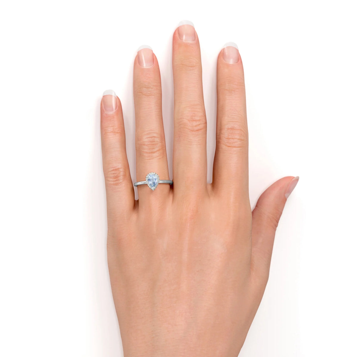 1 Carat Pear Shaped Created Aquamarine Halo Wedding Ring in 18k White Gold over Silver H6386