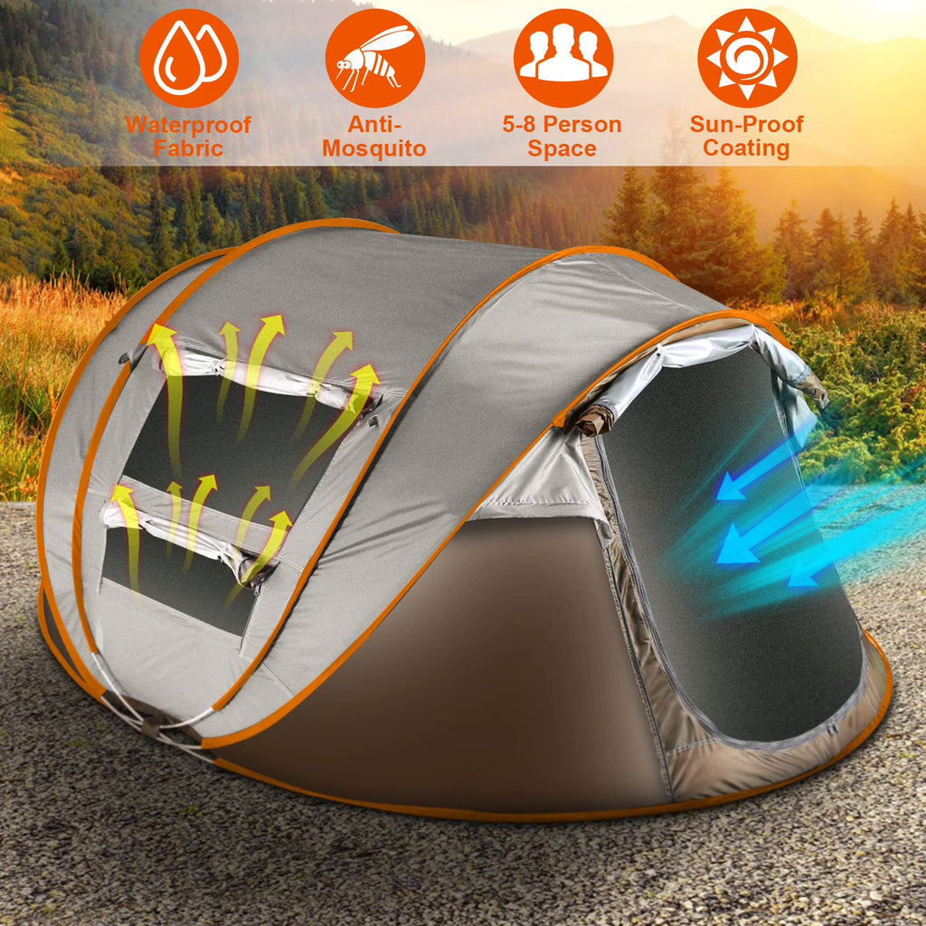Khaki Pop Up Camping Tent with 4 Mosquito Net Windows Carrying Bag R818501