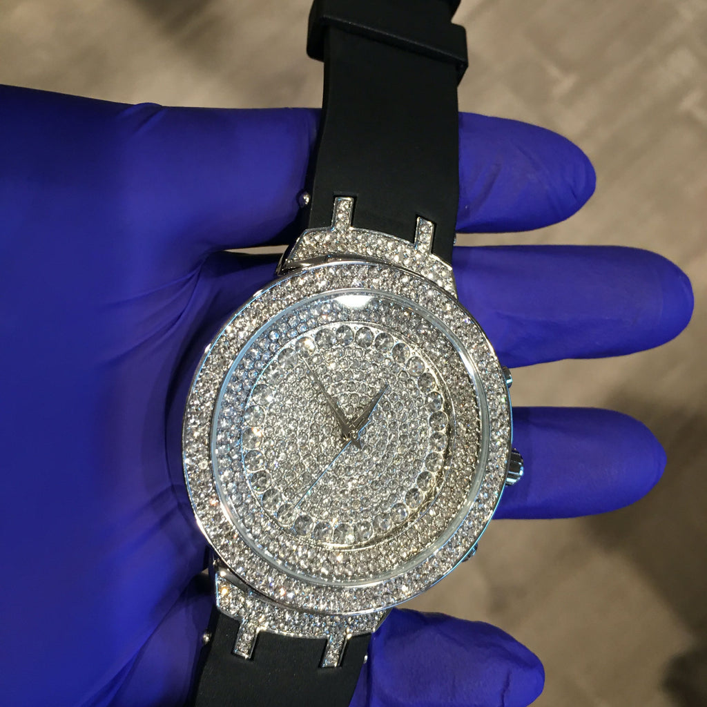 Silver Tone Hip Hop Watch with Black Band U1889