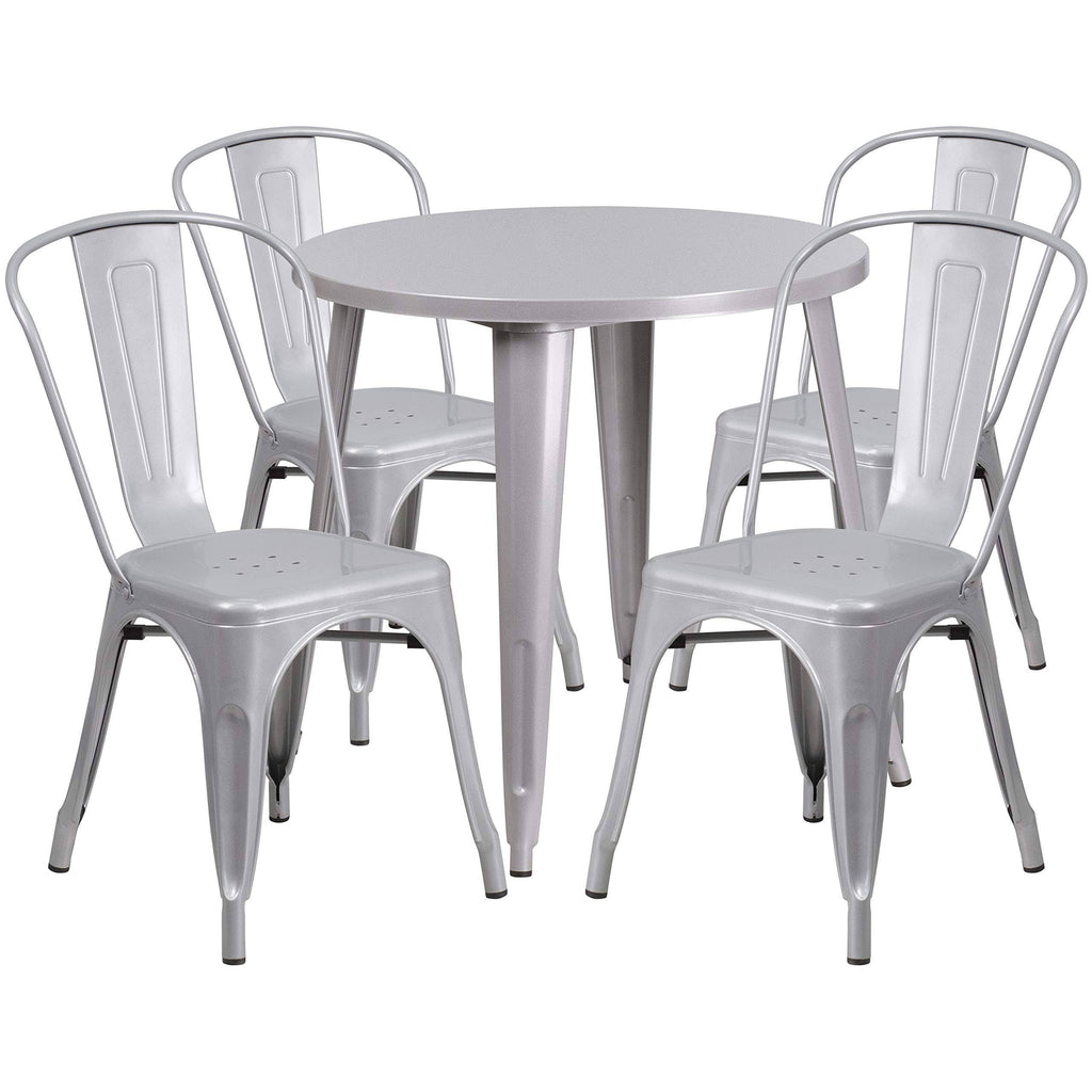 Silver Round Metal Table Set with 4 Cafe Chairs Y480630
