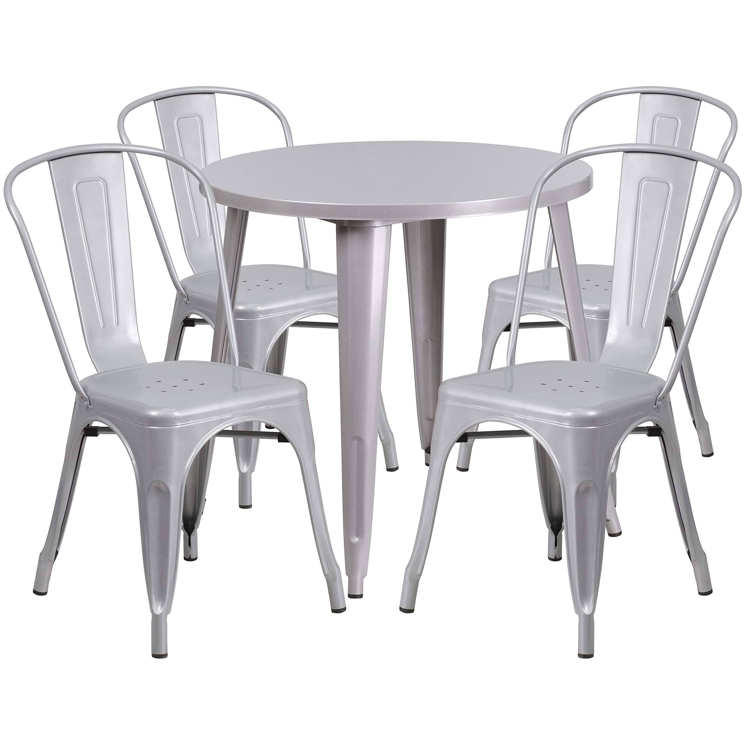 Silver Round Metal Table Set with 4 Cafe Chairs Y480630