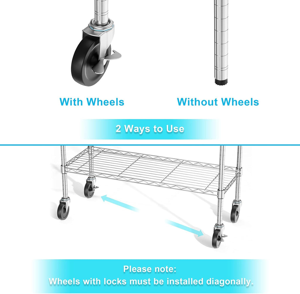 4 Tiers Rolling Cart Utility Racks Adjustable Wire Metal Shelving A445973