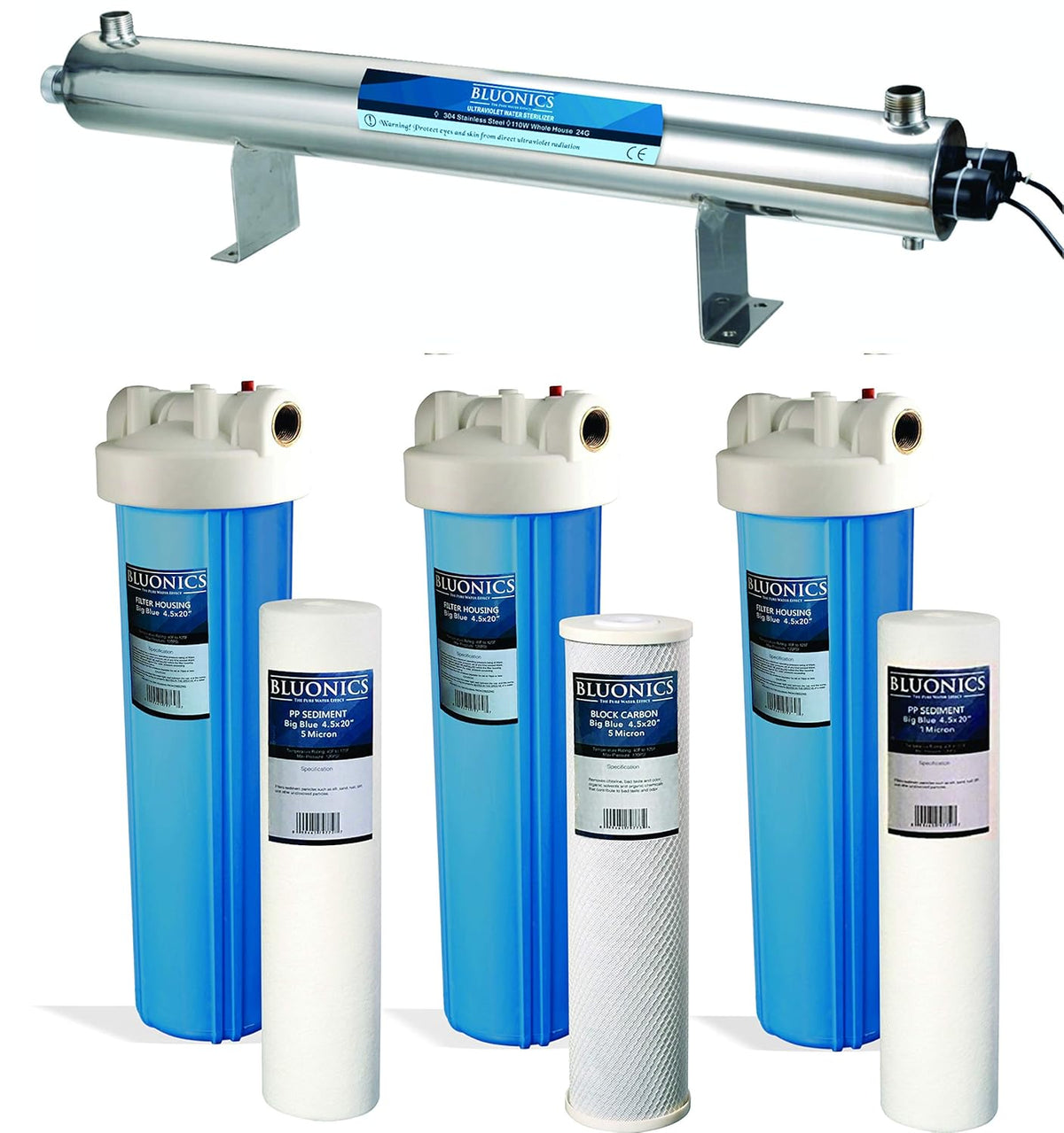 Complete Well Water Solution with UV, Sediment, Carbon Filter Purifier System 24GPM with Three Housing, 40 Mic Pre Filter and Extra Filter Replacement C5515