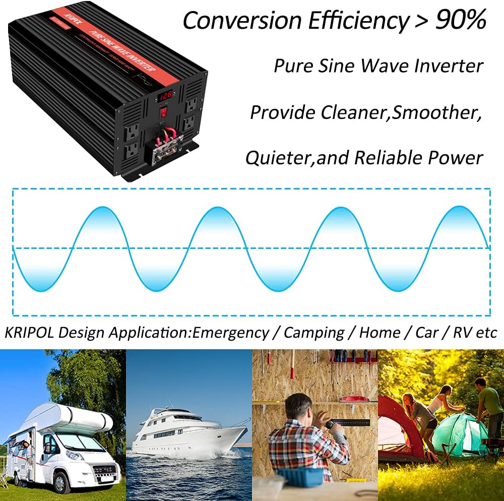 3000 Watt Pure Sine Wave Power Inverter 12V DC to 110V AC with 4 AC Outlets V687762