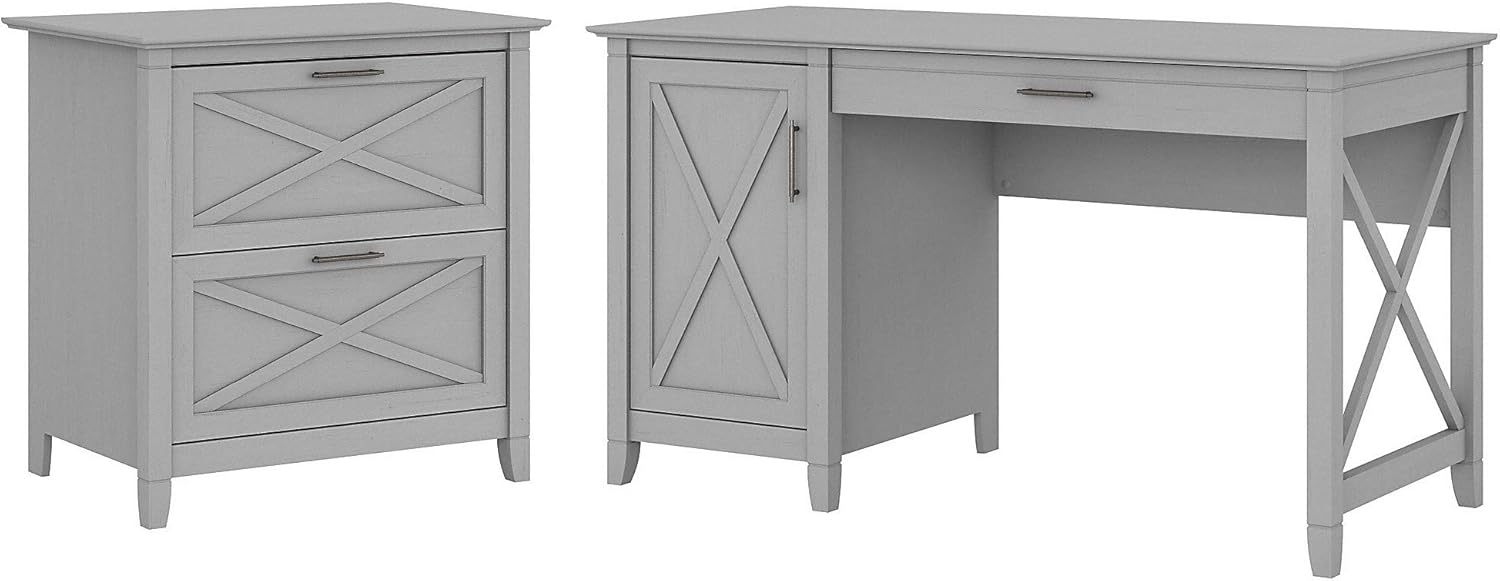 54W Linen White Oak Computer Desk with Storage and 2 Drawer Lateral File Cabinet L1371
