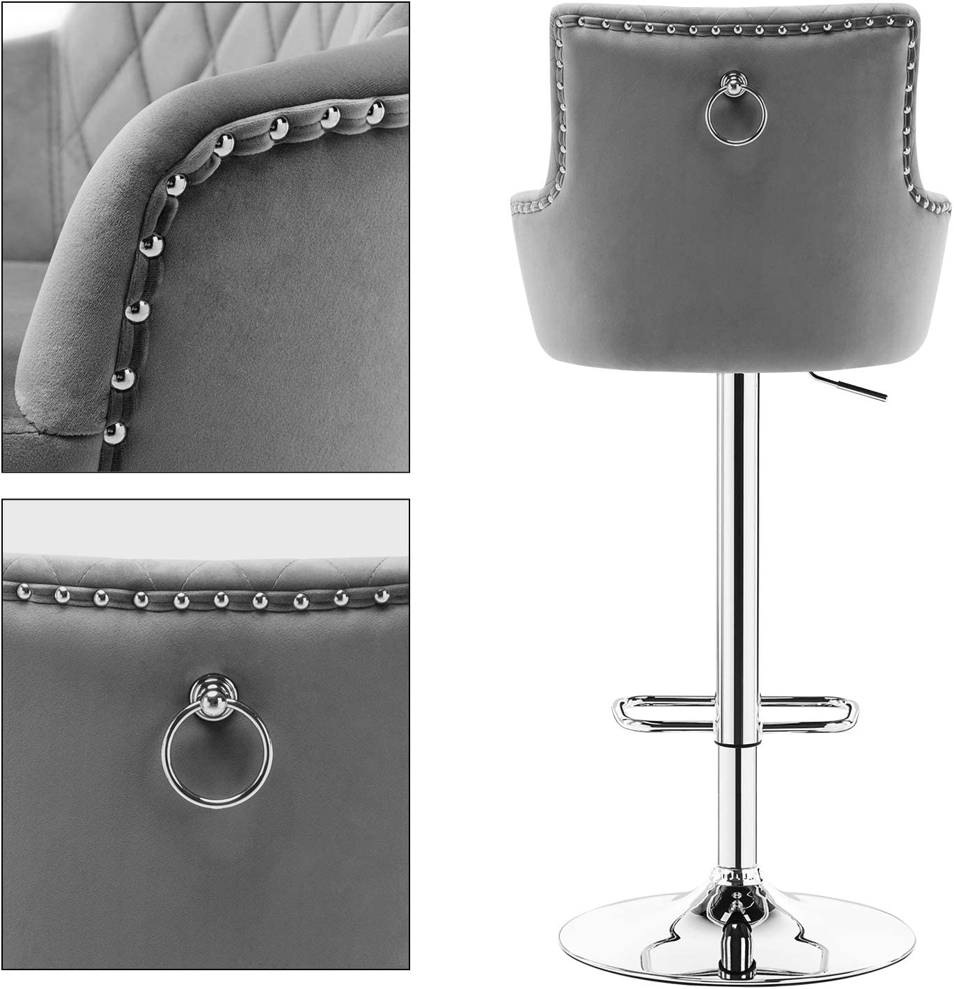 Gray Adjustable Swivel Velvet Bar Stool with Back Y4776