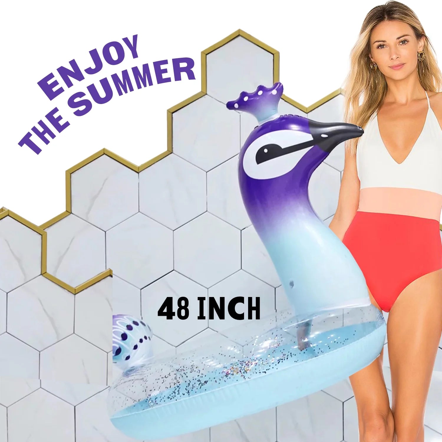 48" Peacock Pool Float Glitter Inflatable Swim Ring R910