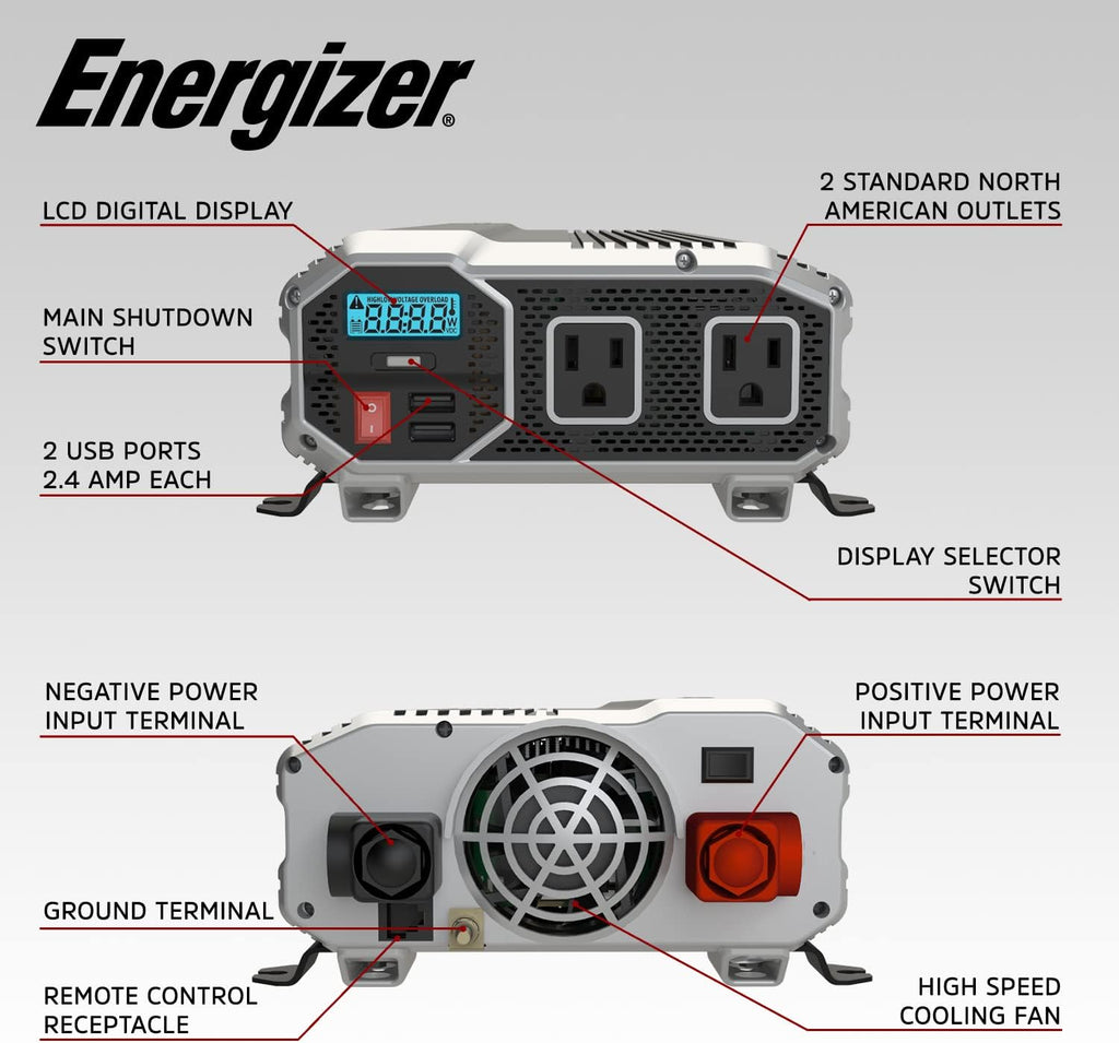 1100 Watts Modified Sine Wave Car Inverter, 12V to 110 Volts, Two AC Outlets, Two USB Ports (2.4 Amp) N11660