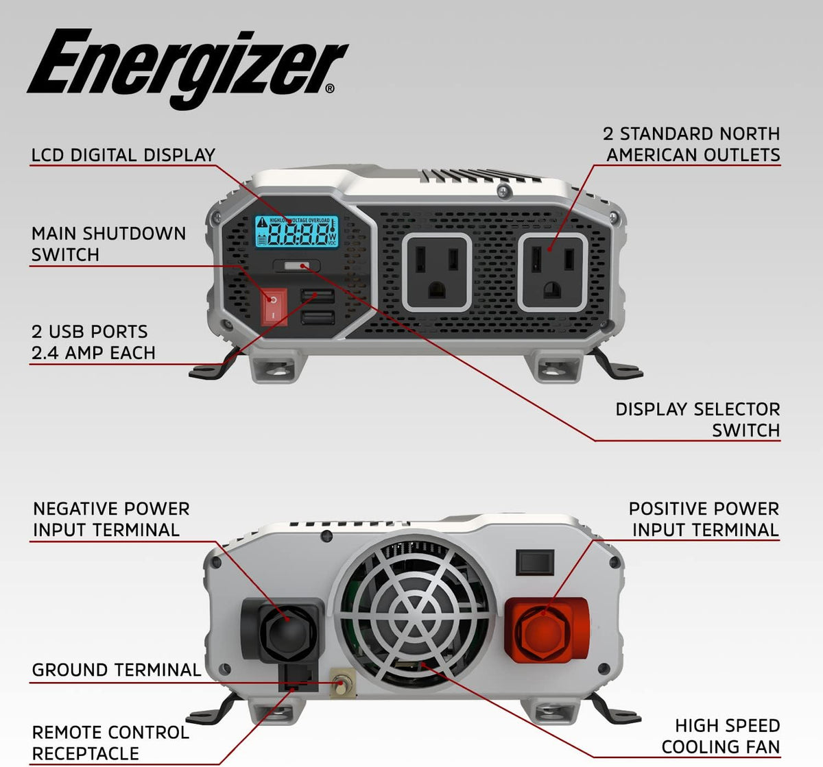 1100 Watts Modified Sine Wave Car Inverter, 12V to 110 Volts, Two AC Outlets, Two USB Ports (2.4 Amp) N11660
