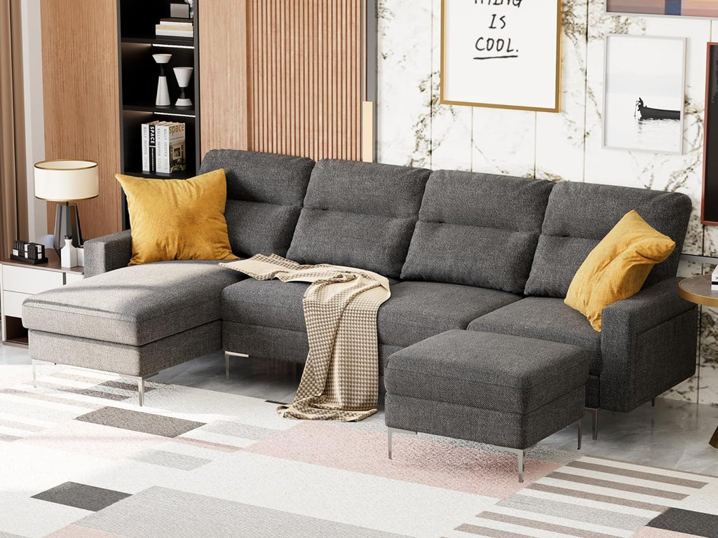 Modular U Shaped Fabric Sectional Sofa with Ottoman, 4 Seater, Metal Legs, Dark Grey M220970