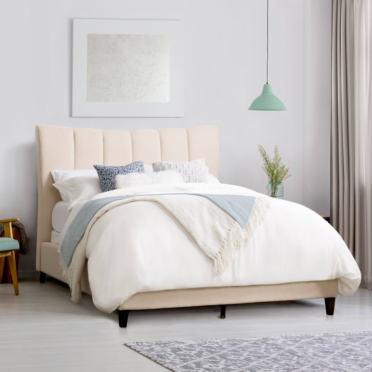 Cream Fabric Channel-Tufted Bed Frame Queen L917862