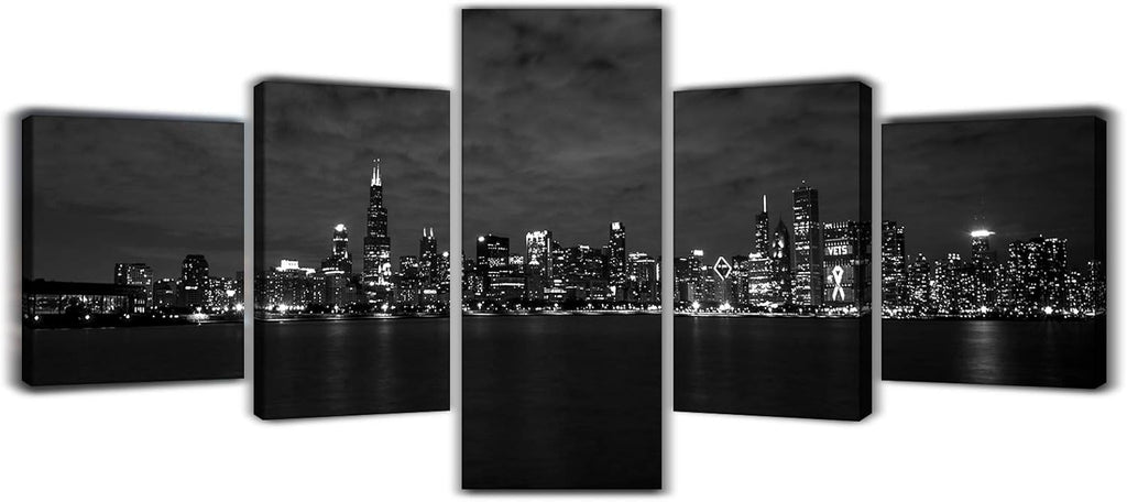 Black and White Cityscape Canvas Print Framed Wall Art 50x24inch D863