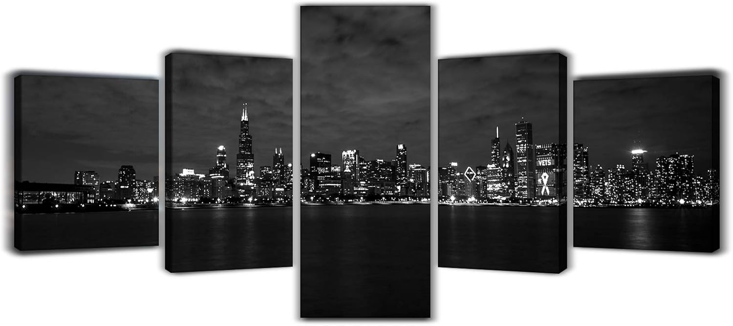 Black and White Cityscape Canvas Print Framed Wall Art 50x24inch D863