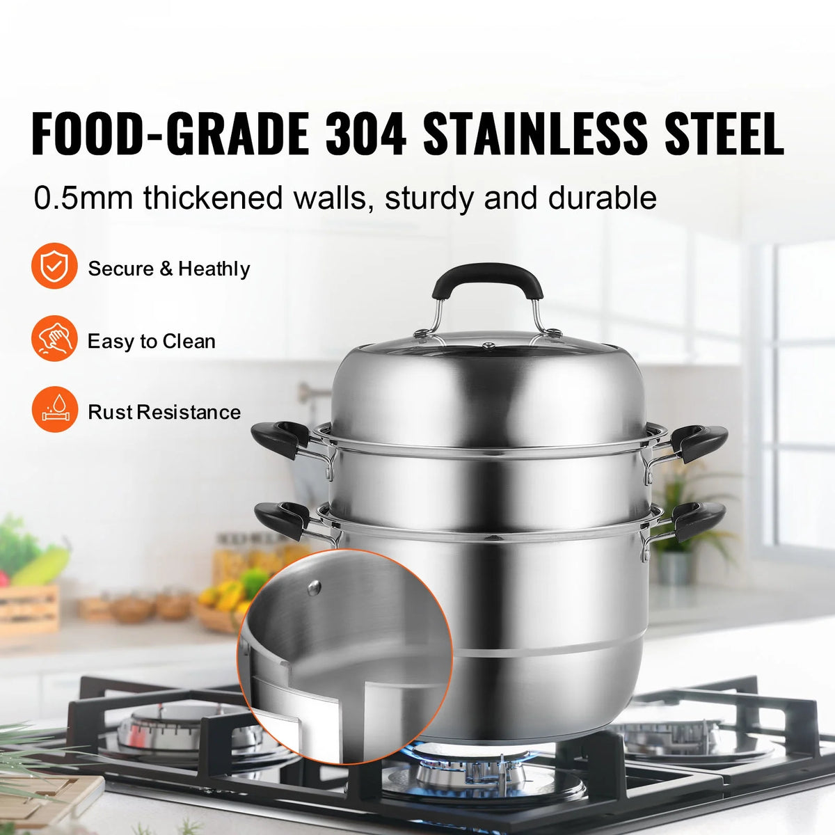 3 Tier 8.5QT 304 Stainless Steel Steamer Pot with 2 Steaming Tray A724586
