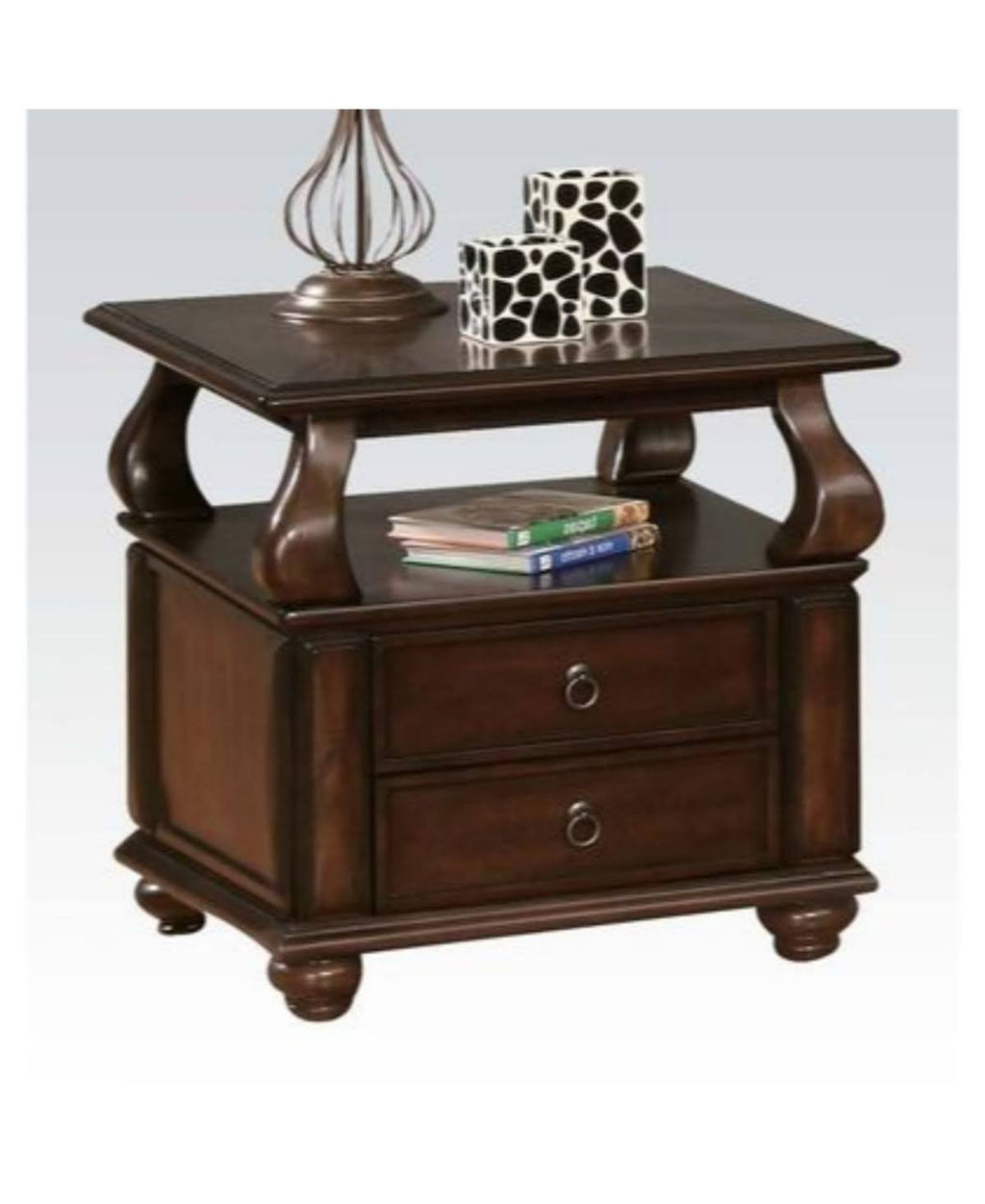 Walnut Brown Wooden End Table with Two Drawers and Open Shelf Y6495
