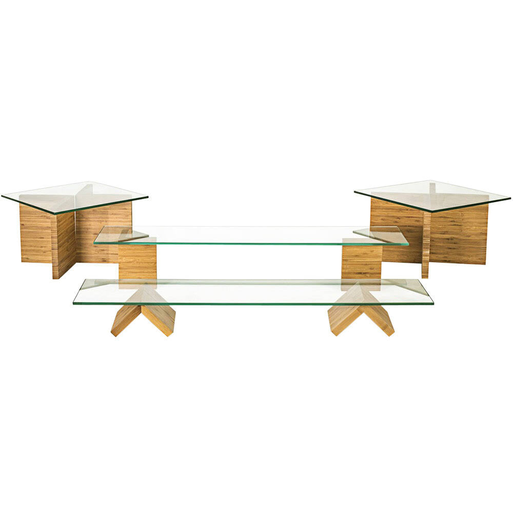12-Piece Natural Bamboo L-Shape Riser Set with Clear Glass Buffet Boards R905