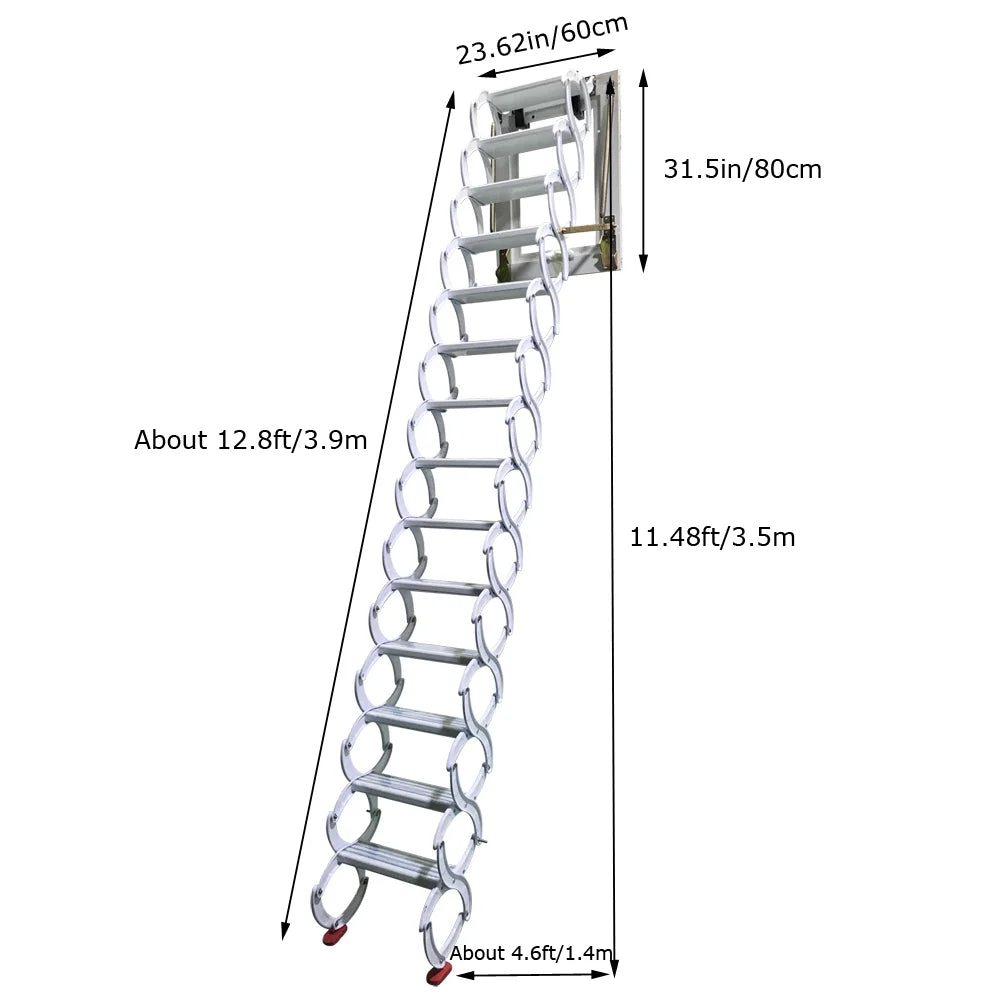 White 11.5ft 14 Steps Wall Mounted Folding Ladder Stairs G924