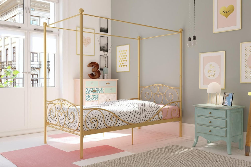 Twin Size Metal Canopy Bed with Bed Frame O9462
