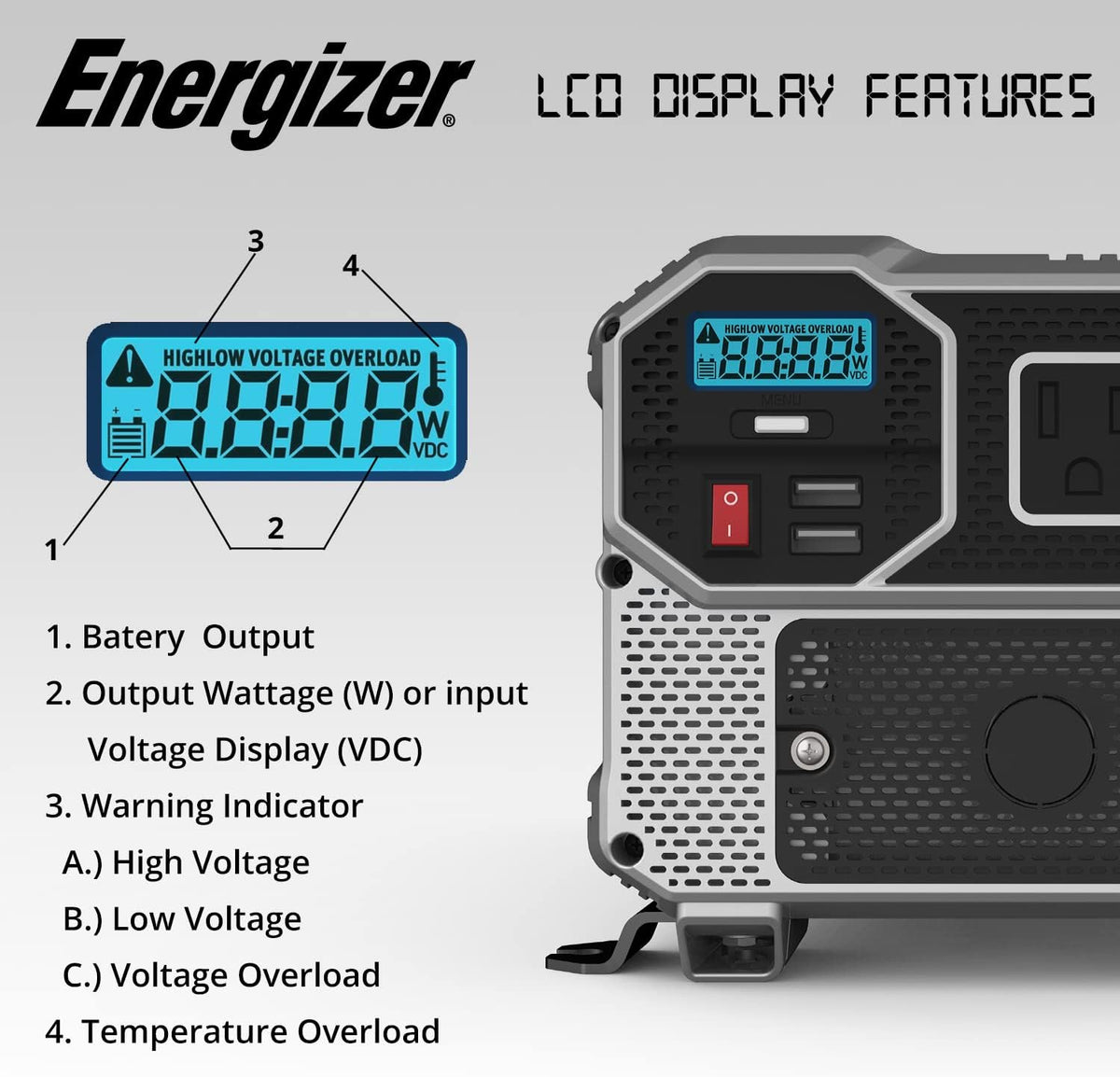 1100 Watts Modified Sine Wave Car Inverter, 12V to 110 Volts, Two AC Outlets, Two USB Ports (2.4 Amp) N11660