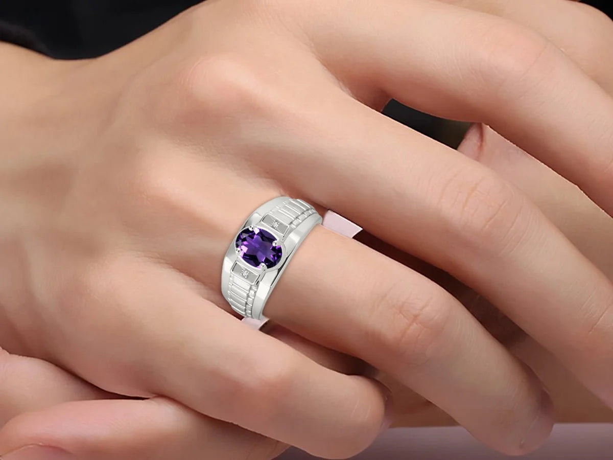 Sterling Silver Oval Gemstone & Genuine Diamond Ring F6699