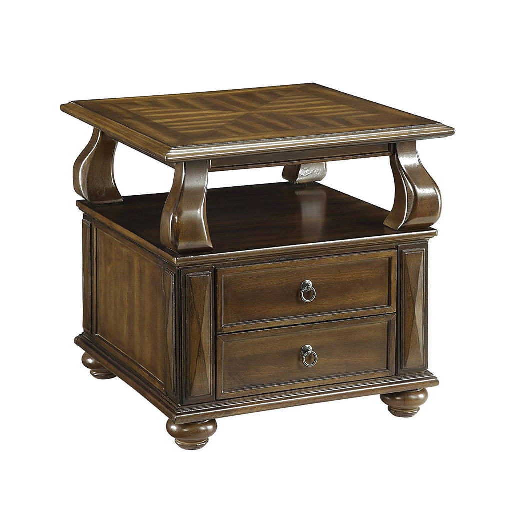 Walnut Brown Wooden End Table with Two Drawers and Open Shelf Y6495