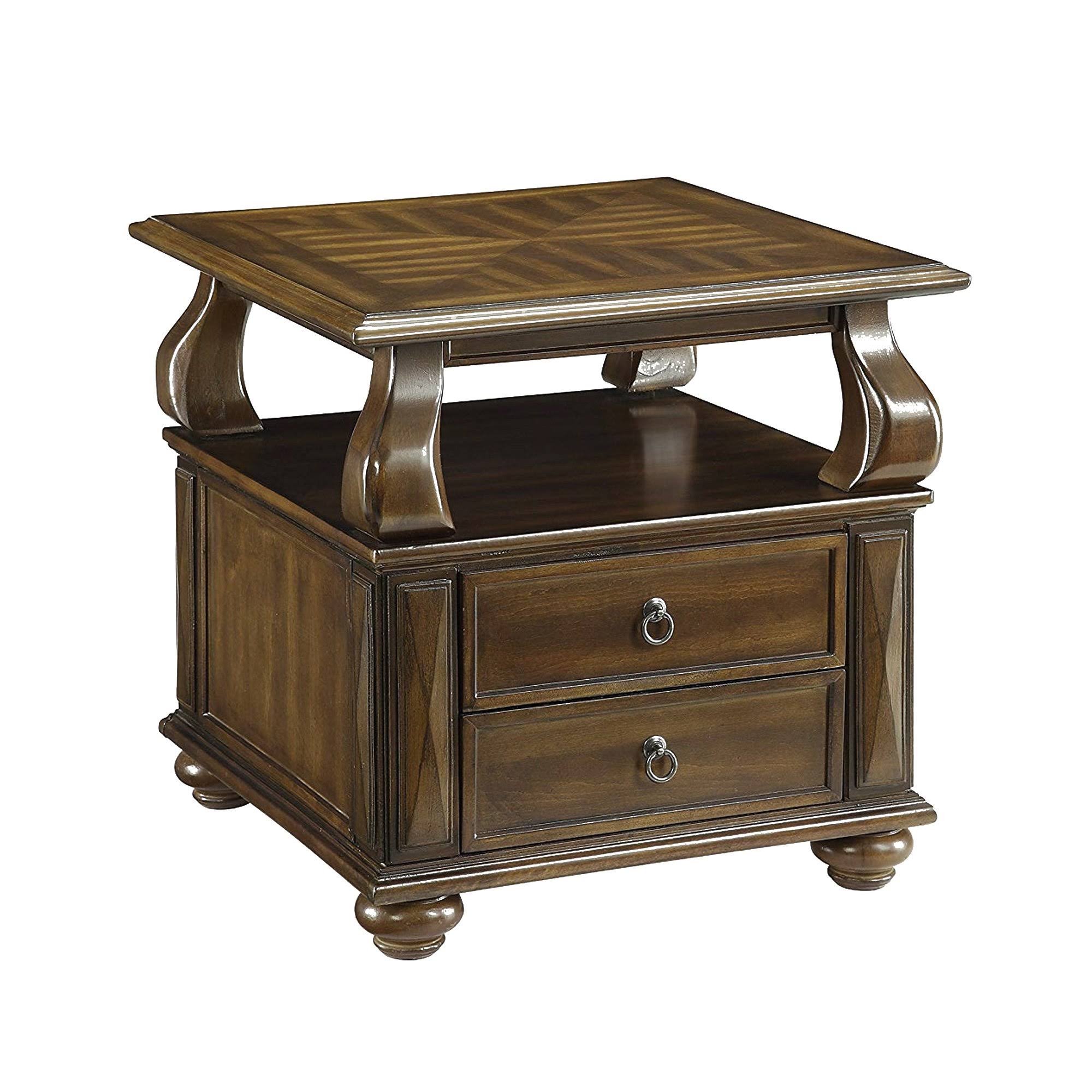 Walnut Brown Wooden End Table with Two Drawers and Open Shelf Y6495