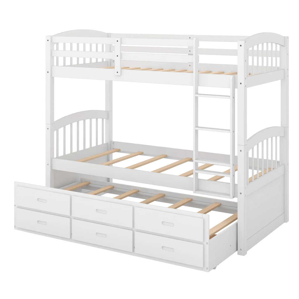 Twin Over Twin Wood Bunk Bed with Trundle and Drawers S883