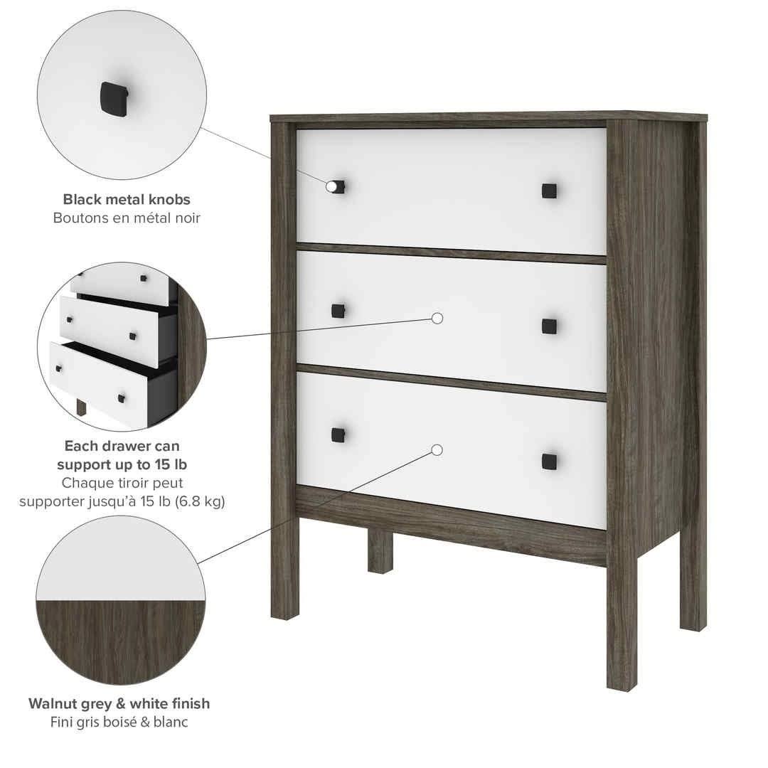 Walnut Grey White 3-Drawer Dresser O77022