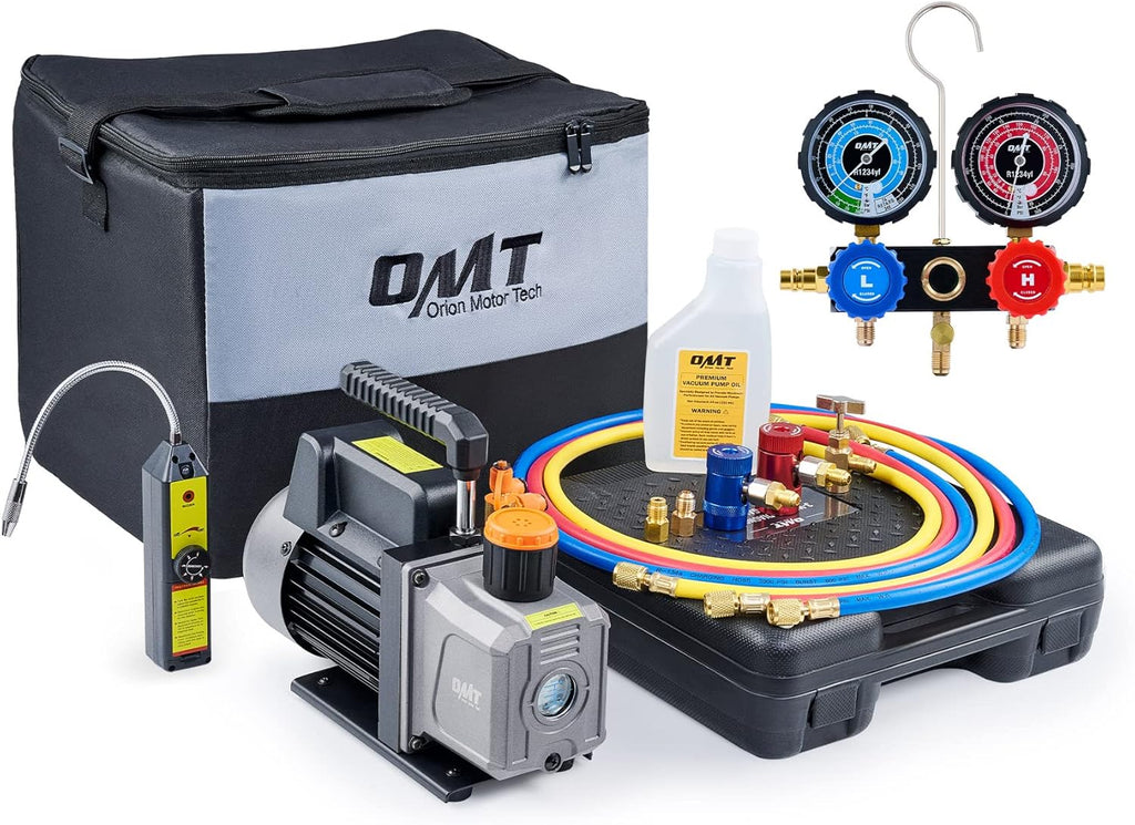 AC Gauges and Vacuum Pump with Leak Detector 5FT Hoses Quick Couplers, 4 cfm Vacuum Pump and Manifold Gauge Set R653
