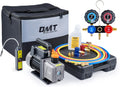 AC Gauges and Vacuum Pump with Leak Detector 5FT Hoses Quick Couplers, 4 cfm Vacuum Pump and Manifold Gauge Set R653