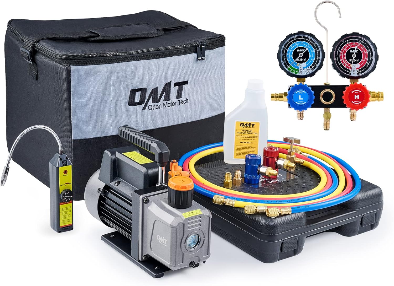 AC Gauges and Vacuum Pump with Leak Detector 5FT Hoses Quick Couplers, 4 cfm Vacuum Pump and Manifold Gauge Set R653
