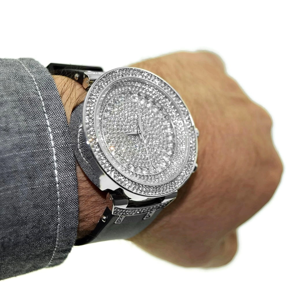 Silver Tone Hip Hop Watch with Black Band U1889