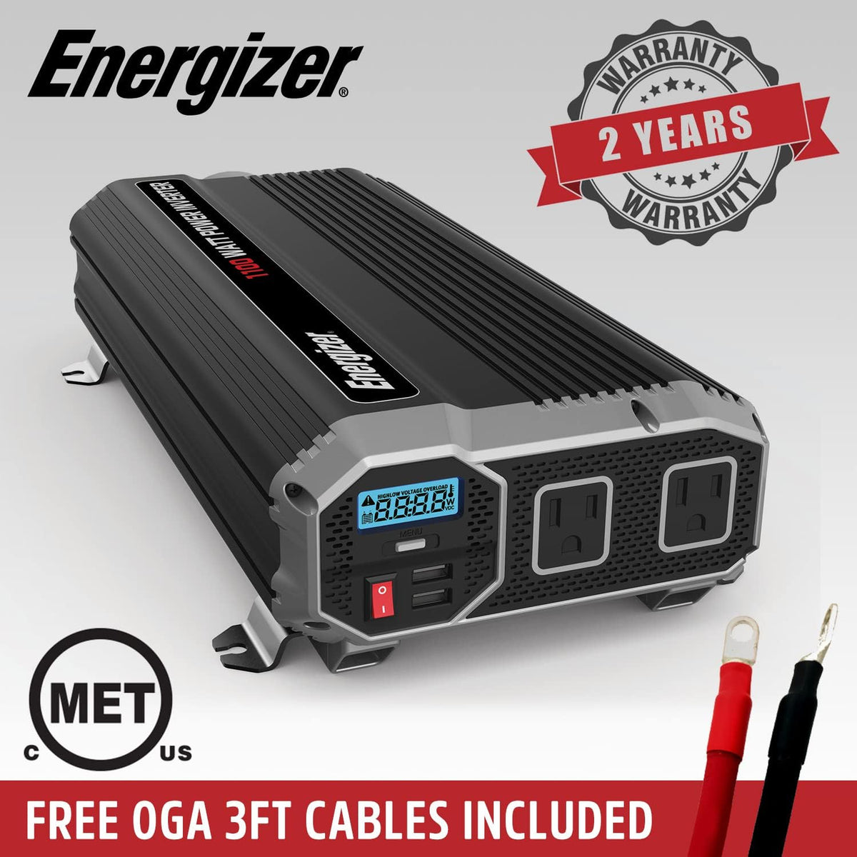 1100 Watts Modified Sine Wave Car Inverter, 12V to 110 Volts, Two AC Outlets, Two USB Ports (2.4 Amp) N11660